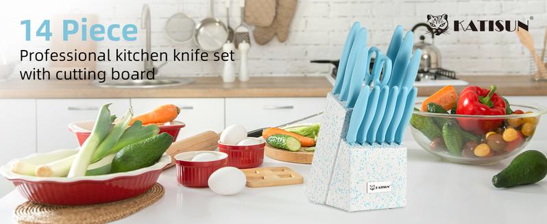 14 Pieces Blue Kitchen Knife Block Set , Anti-Rust Color Titanium Coated Carbon Steel, 12 Knives with Kitchen Shears and Block, Dishwasher Safe,TikTokShopBlackFriday