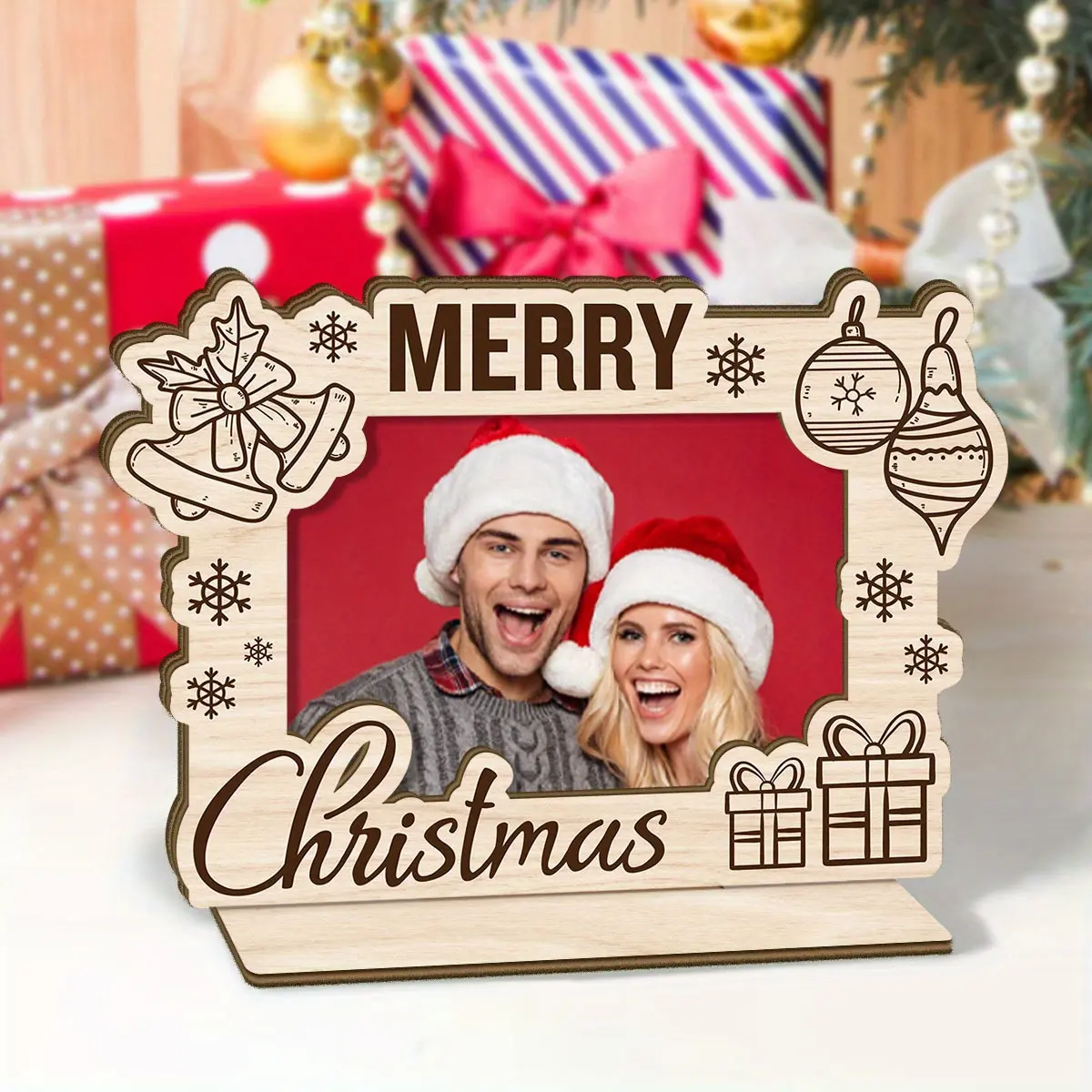 1pc Christmas Theme Wooden Photo Frame, With "Merry Christmas", With a Base Can Stand on the Desktop, Best Christmas Gift choice for Yourself, Family, Desktop Decorative Sign Frame
