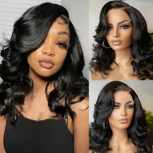 16 Inch loose Body Wave Bob Wig Human Hair 13x4 HD Lace Frontal Pre-Bleached Knots Pre-Plucked Natural Hairline 180% Density Glueless Bob Wigs for Black Women