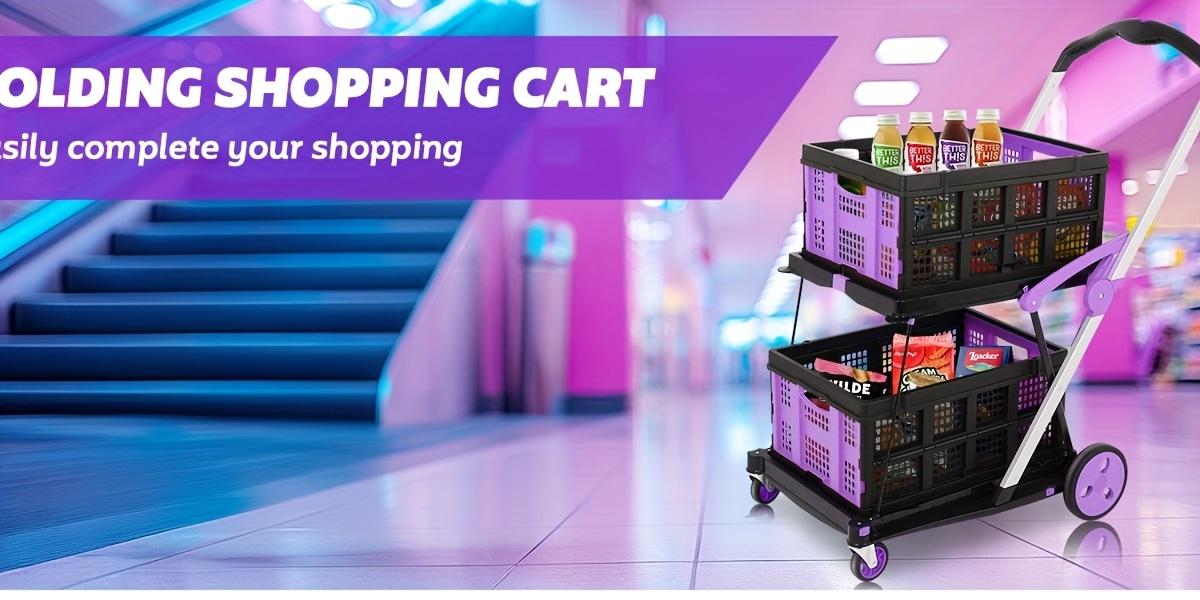 Multi use Functional Collapsible Carts,Mobile Folding Trolley,with Wheels & Removable Basket Carries,2 baskets included,Adjustable Foldable rolling trolley for home,grocery,supermarket. Lightweight,Purple Trolley Storage Crate Portable Convenience cart