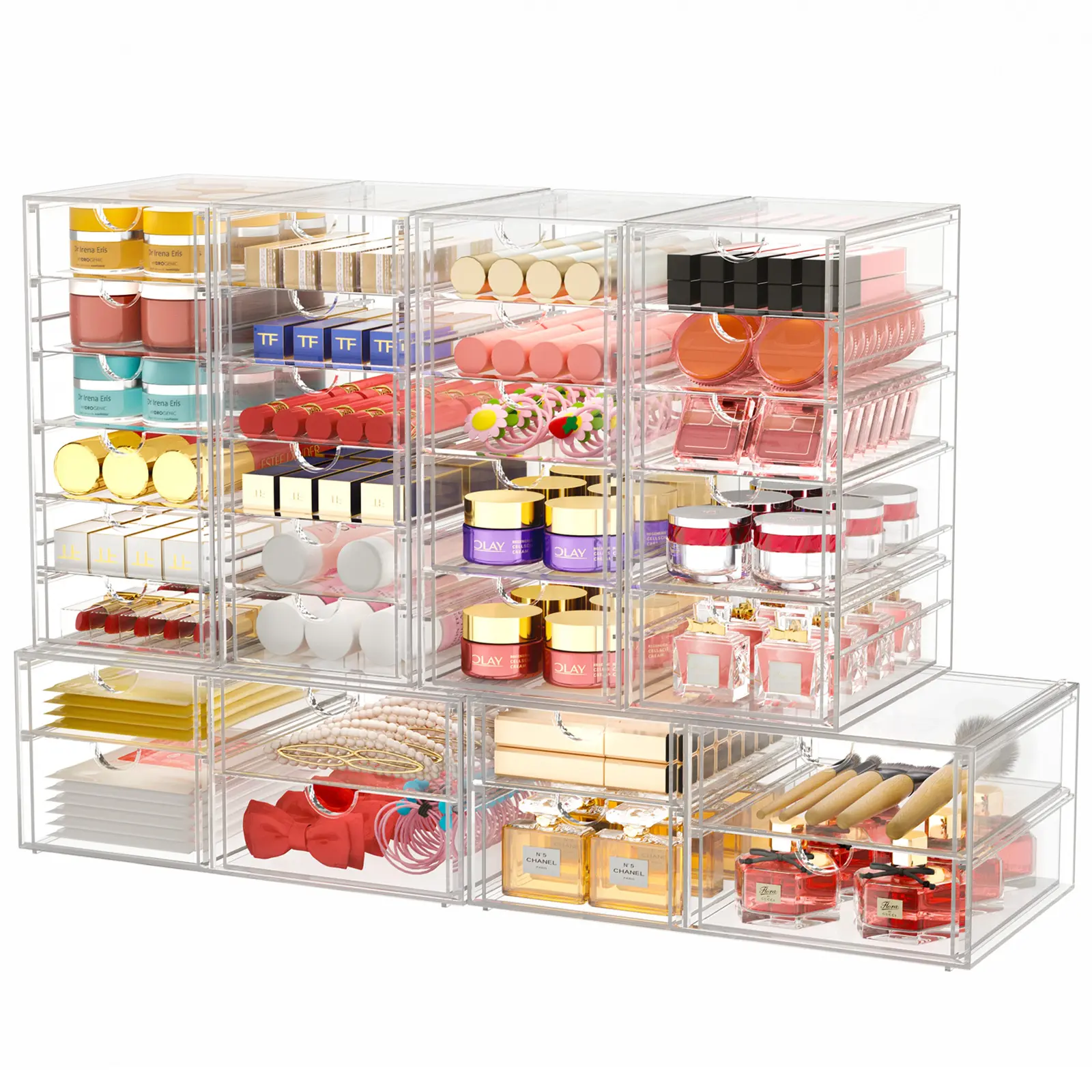 7CODE Makeup Organizer, 30 Drawers Acrylic Clear Drawer Organizer, Clear Makeup Organizer, Plastic Storage Drawers for Vanity, Bathroom, Closet, Desk