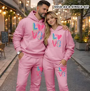 Couple's LOVE Print Hooded Sweatshirt and Drawstring Sweatpants Set (Sold as a Single Set), Casual Sportswear, Long-Sleeve Hooded Jacket and Pants, Suitable for Autumn and Winter, Everyday Wear, Tracksuit, Casual Athletic Wear