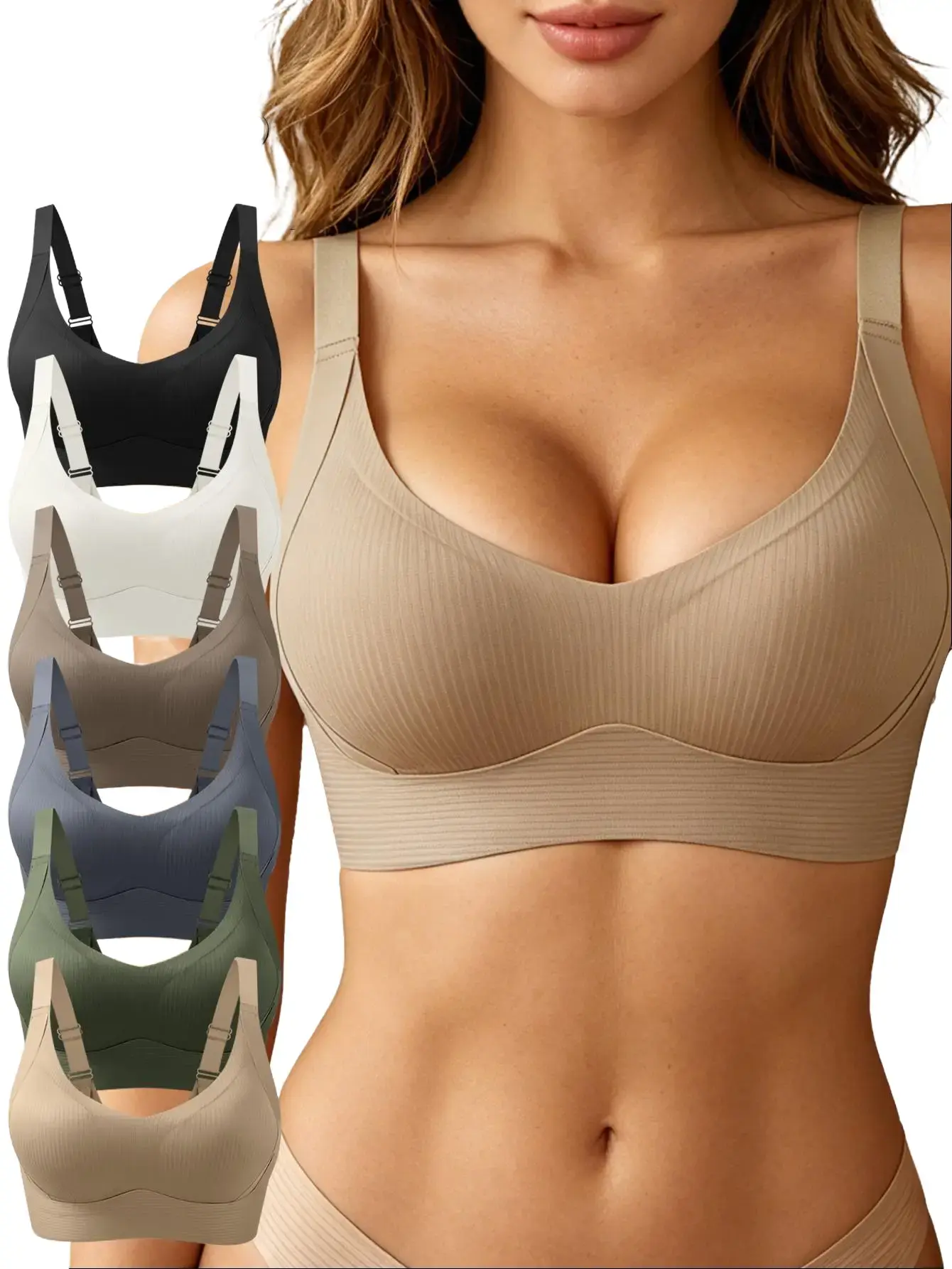 6 Pcs Women's Push Up Bras - Seamless Built-In Padded Bralettes, Wide Straps, Fixed Cups, Side Breast Coverage, Ultra-Soft Support, Breathable No Underwire Casual Bralettes for Everyday Wear elegant plain style
