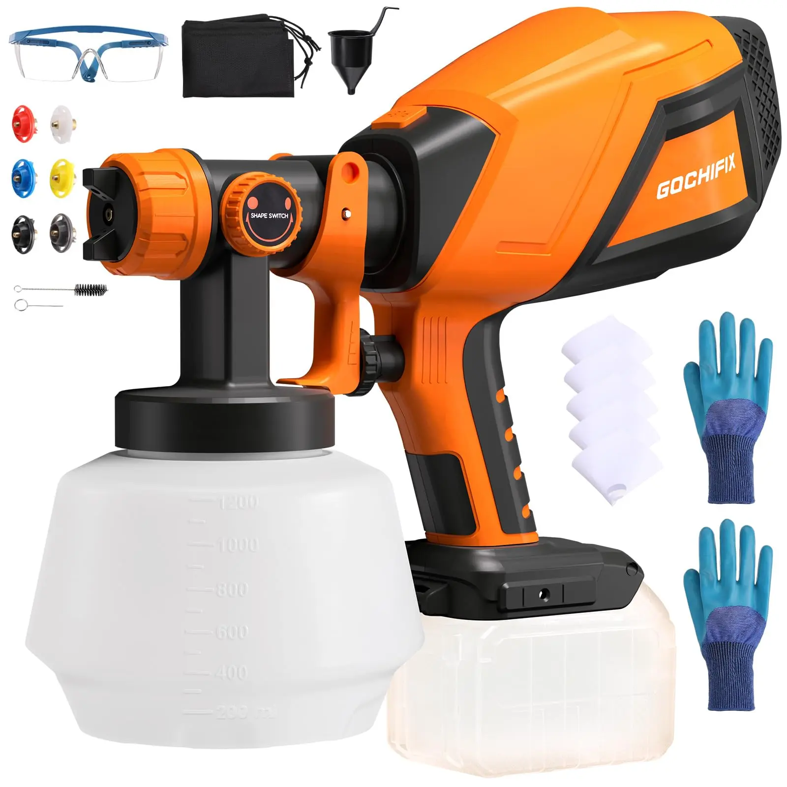 Cordless Paint Sprayer, HVLP Electric Spray Gun Compatible with Dewalt 20V Battery(Not Included), 6 Nozzles, Adjustable Flow/Width Control, 1200ml, Easy to Clean, for House Painting Furniture