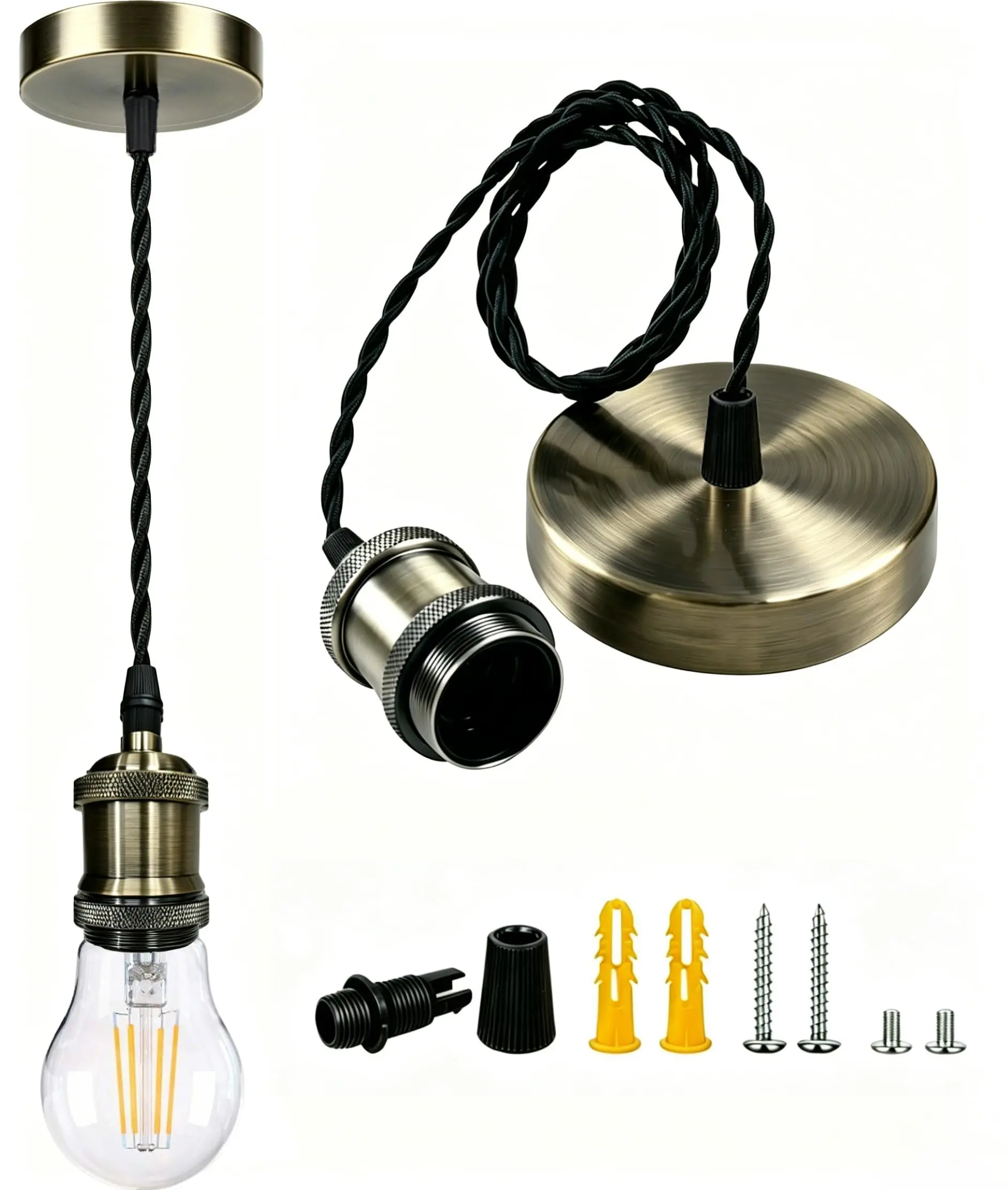 [UL Listed]Vintage Brass  Pendant Light Kit Industrial, E26 Lamp Socket Adjustable Hanging Pendant Light, Retro Ceiling Lamp Kit for Kitchen Island Hallway