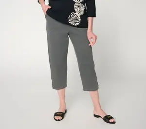 Denim & Co. Petite Black Flat Front Capris Pants w/ Lattice Hem