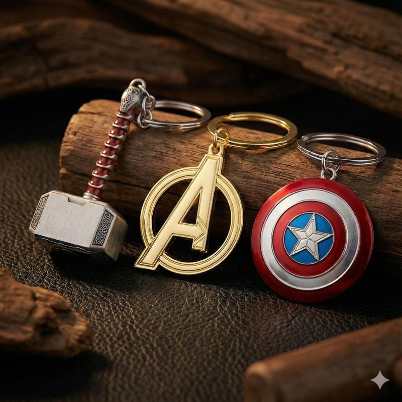 Marvel Avengers Officially licensed 3D Metal Keychain 1PC - Thor's Hammer, Captain America Shield & Avengers Logo - Zinc Alloy Bag Charm & Collectible Gift