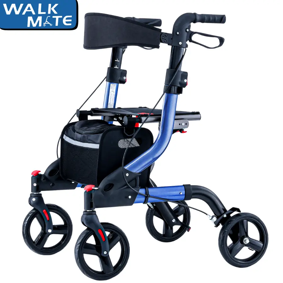 Rollator Walker for Seniors With Seat, Lightweight Foldable All Terrain Rolling Walker, Aluminum Walkers With 8" Rubber Wheels, 17" Big Seat, 6-level Adjustable Height, 350 Lb Capacity, Blue