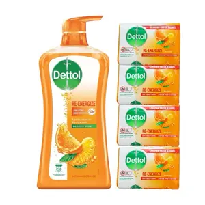 Dettol Re-energize Body Wash & Soap - 900g Body Wash & 4 Soap 100g
