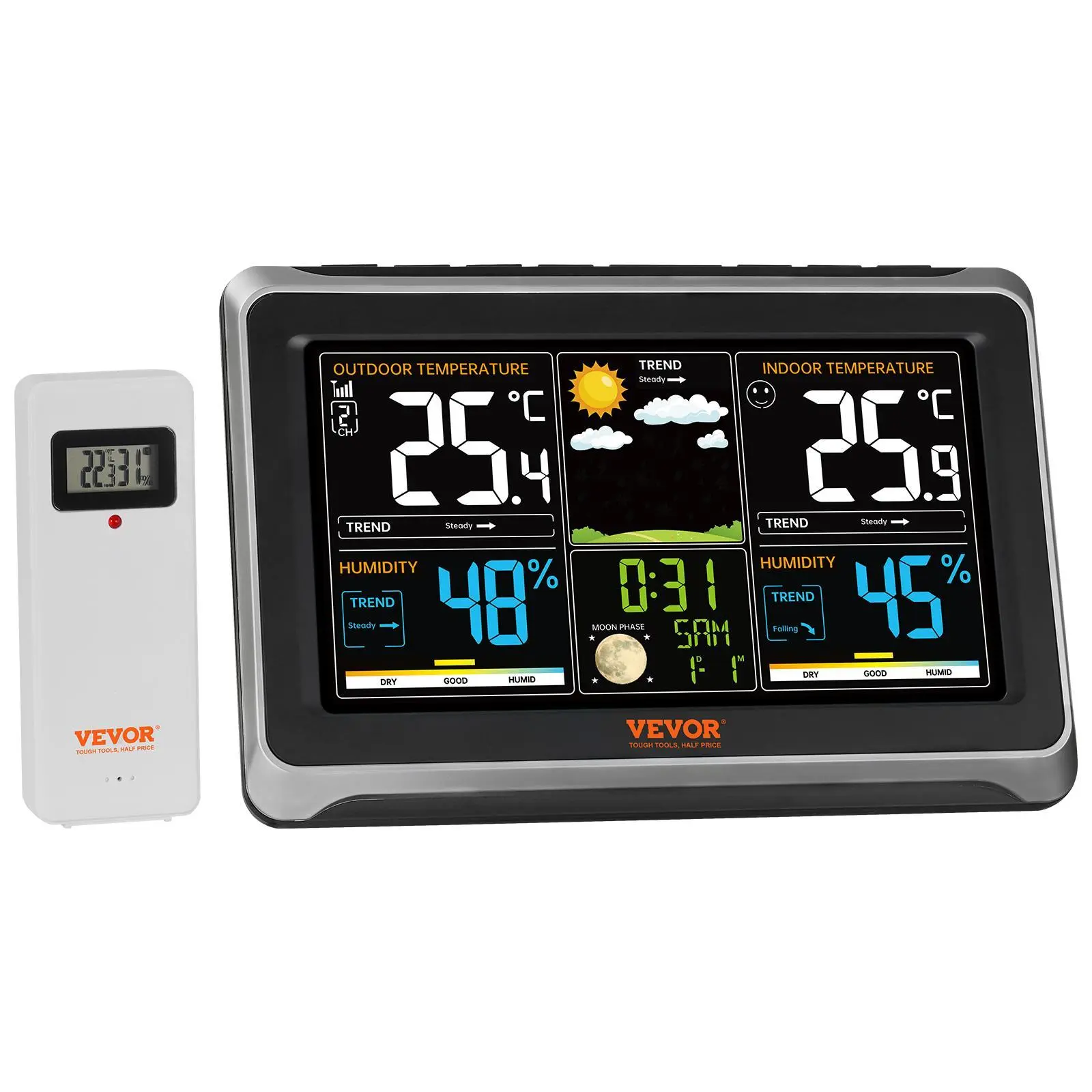 【SummerFinds】VEVOR Weather Station Indoor Outdoor,  , 7.5 in Large Color Display, Wireless Digital Home Weather Station, with Sensor Atomic Clock Adjustable Backlight Forecast Data Calendar Alarm Alert Temperature, 100 Meters Long-Distance Transmissio