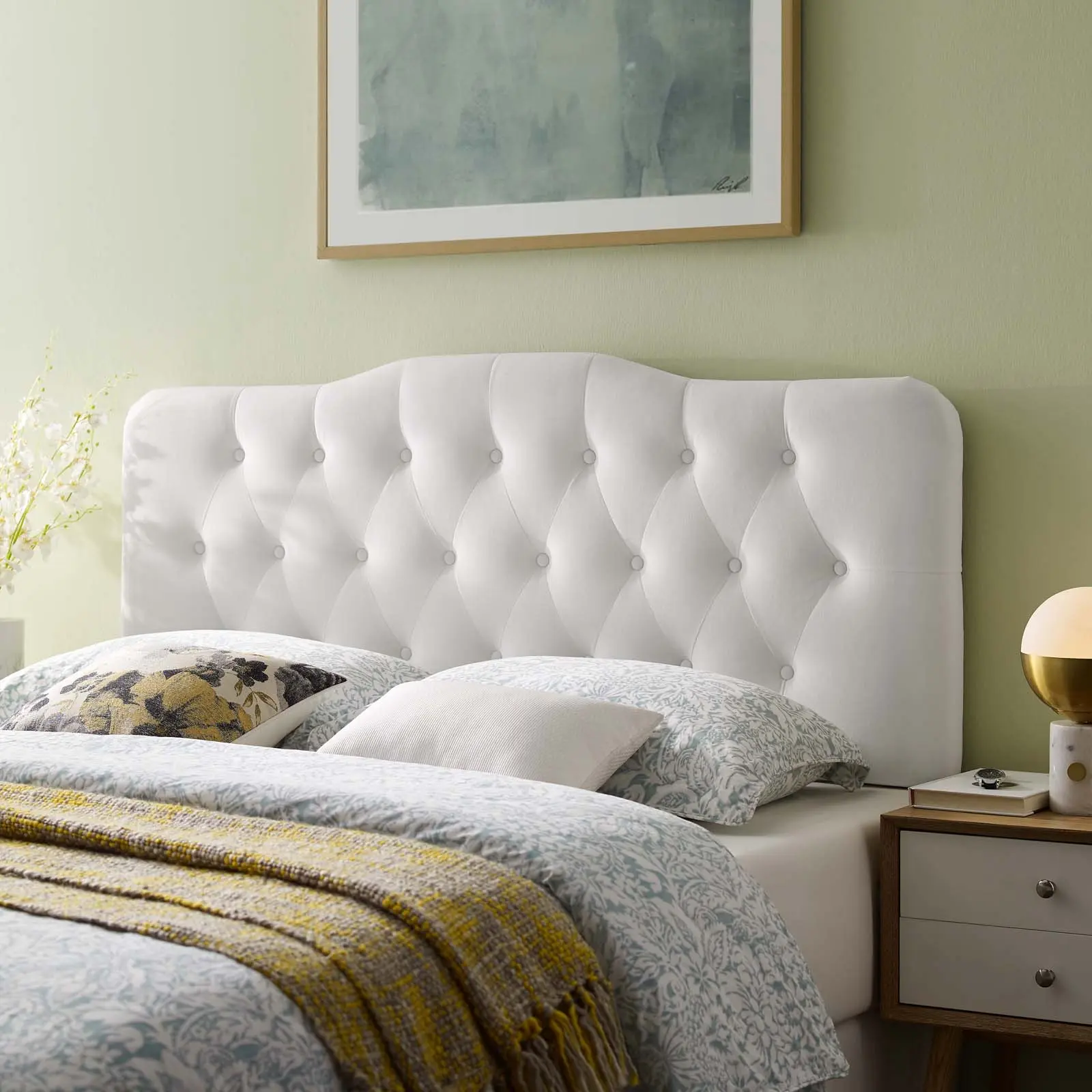 Modway Annabel Upholstered King-Size Diamond Tufting Performance Velvet Headboard - White, Adjustable Curved Silhouette, Foam-Padded, Slightly Curved, Bedroom & Master Suite Indoor Furniture