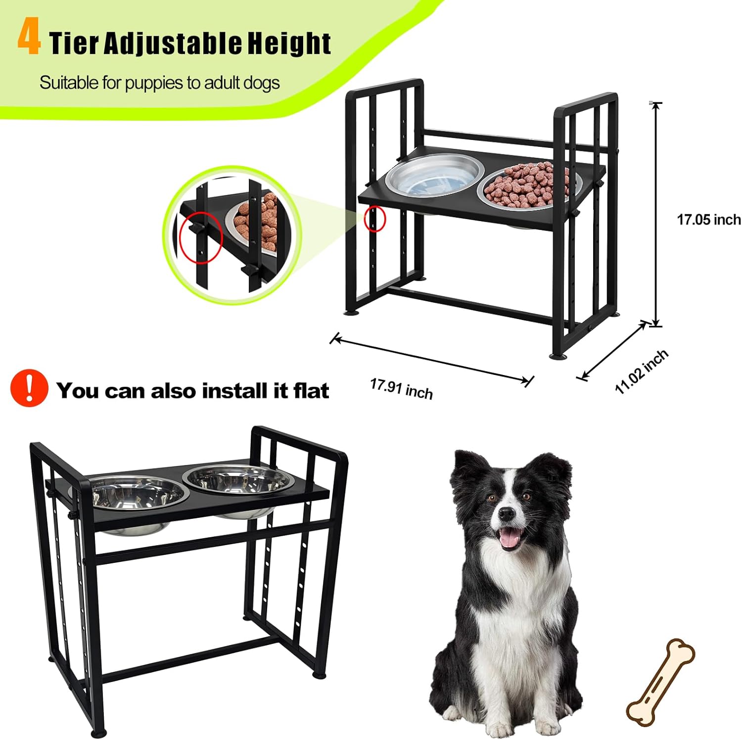 Elevated Metal Dog Bowls with adjustable height, equipped with 2 stainless steel bowls and Spill Proof Mat, suitable for food&water feeders for medium and large dogs