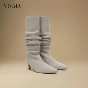 VIVAlA Women’s Mini Square-Toe Slouchy Knee-High Boots – Heat-Retaining Tech, Arch Support & 4.5cm Kitten Heel Water-Repellent(Rumi)