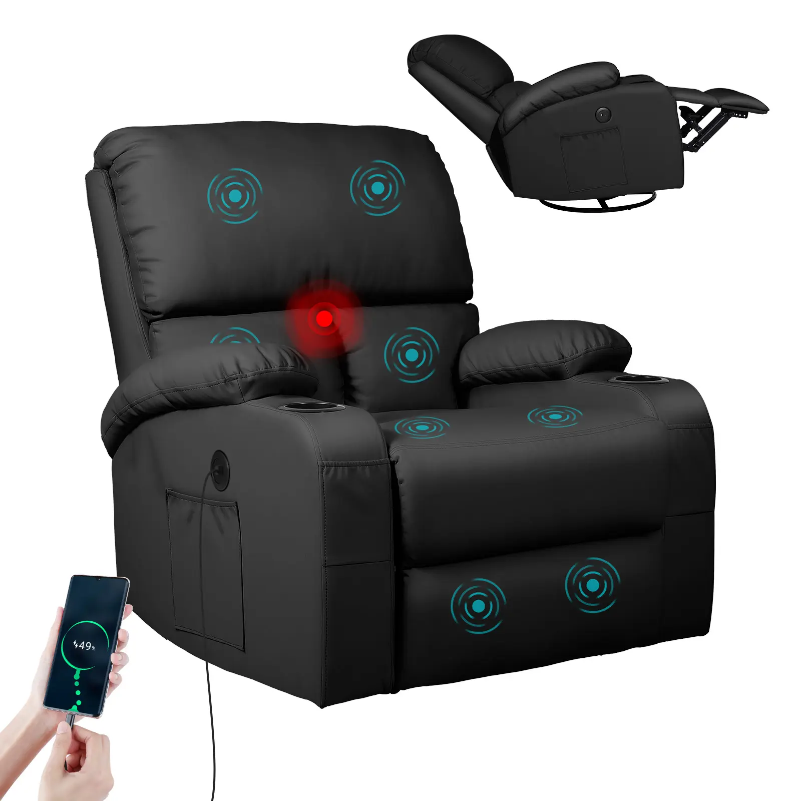 LEVELEVEL Ergonomic Swivel Recliner Chair with Armrests - Pull Lever, 2-Package Shipping, Vibration & Heat Massage, Dual USB-Type-C Ports, Controller, 30° Rocking, 90-150° Angle Reclining, Adjustable Back, Cable, Assembly Required, Living Room Relaxation