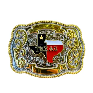 Texas State Map Western Belt Buckle –Golden and Silver Tones Lone Star Hebilla with Texas Flag Colors