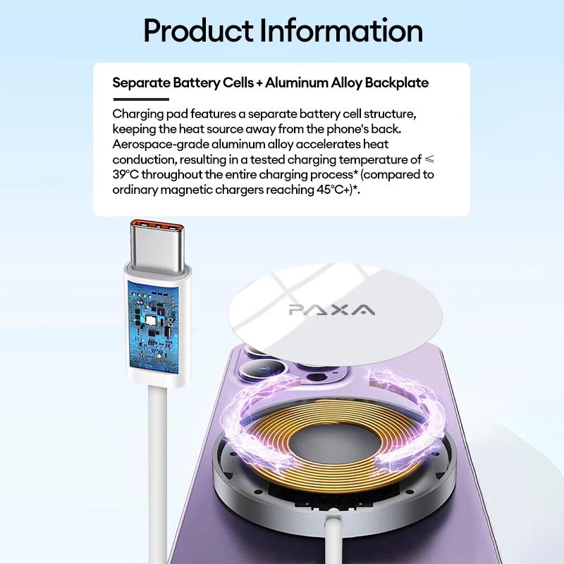 PAXA magnetic wireless charging stand, with strong magnetic attraction, supports 15W PD constant-temperature fast charging. It comes with an aluminum alloy stand, hands-free making it perfect for watching videos or playing games while charging.