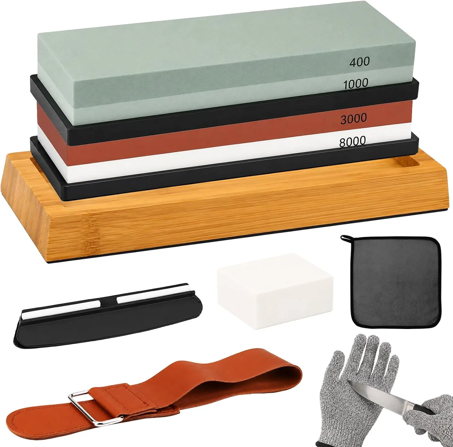 10-Piece Knife Sharpening Stone Set, Professional Whetstone 4 Side 400/1000 3000/8000 Grit, Whetstone Knife Sharpener Stone Kit, Non-slip Base, Leather Strop, Nagura Stone and Angle Guide.