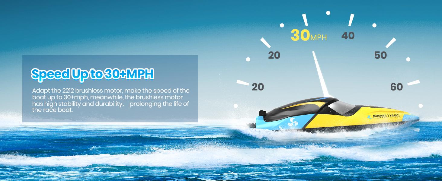 DEERC Brushless RC Boat, 30+ mph Fast RC Boats Never Capsize&Low Battery Alarm Function, 2.4GHz Racing Boat with LED Lights  Rechargeable Batteries