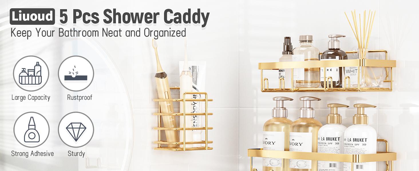 2026 Easter Gift  | Bathroom Accessories 5-Pack, Rust-Proof &Waterproof Shower Rack, No Drilling Stick-On StorageRack with Toothbrush & Soap Holder, Large CapacityMinimalist Design