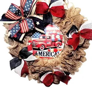 Patriotic Burlap Wreath , Red Truck Vintage American Flag Front Door Hanging