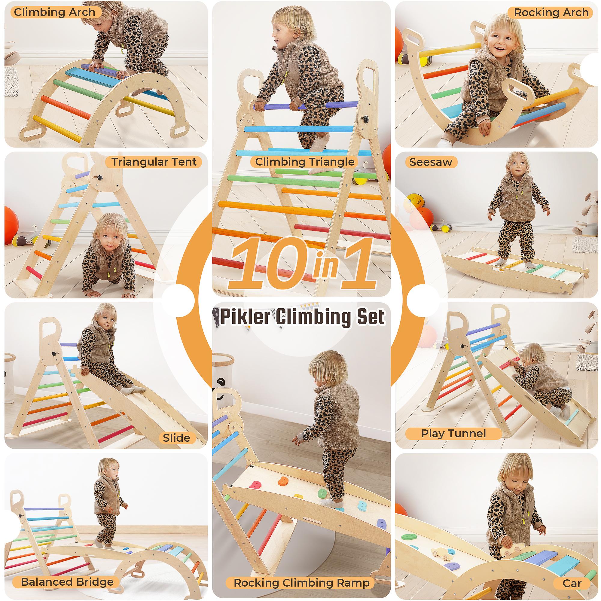 Pikler Triangle Set Wooden Climbing Set for Toddler、 ChildrenYears Old with Climbing Frames, Ramps & Arches for Indoor Playground Playtime