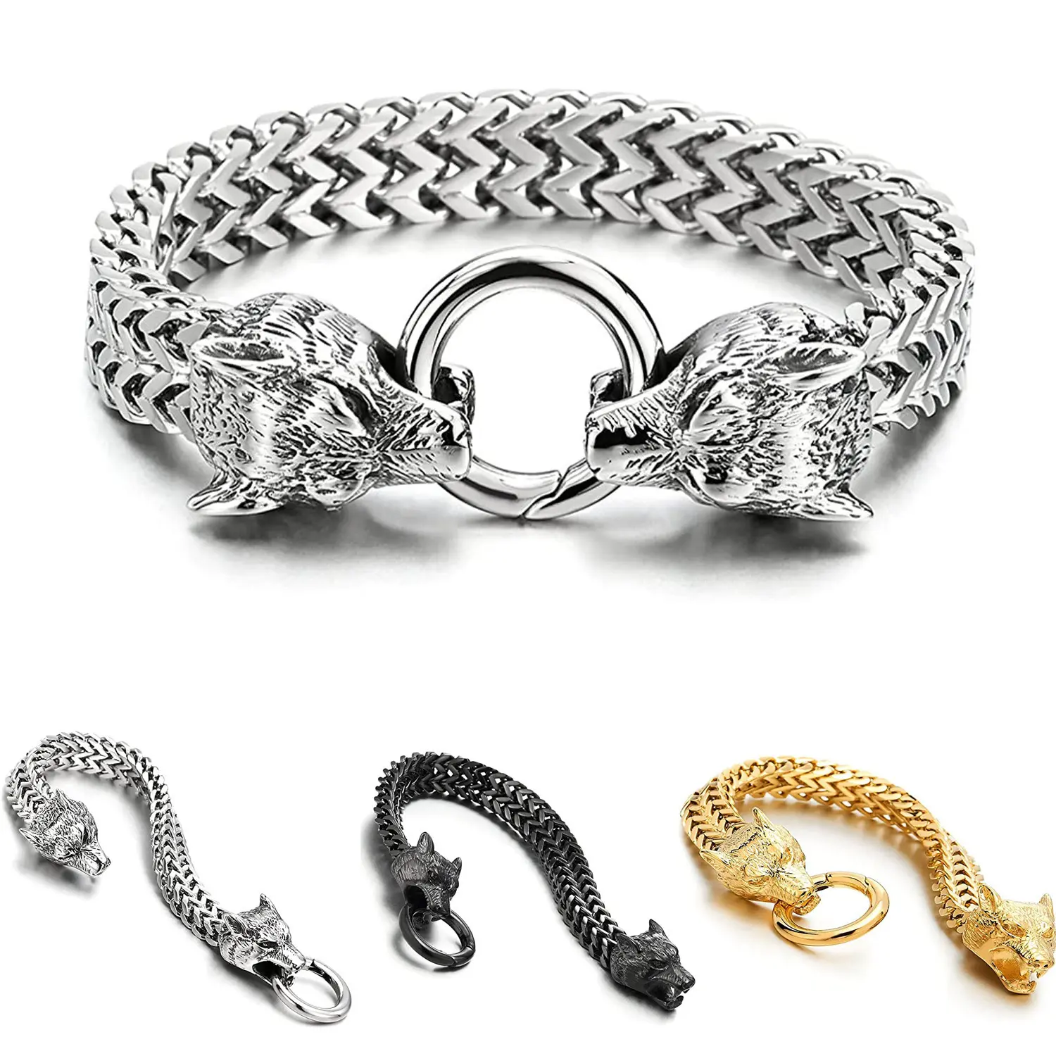 Stainless Steel Vintage Viking Wolf Head Bracelet with Decorative Chain,Merry