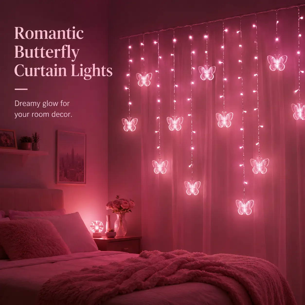 Pink-Butterfly Curtain Lights, 13.1FT 96 LED USB Fairy String Lights with 10 Butterfly Decorations, 16 Strands, 8 Lighting Modes, Window Hanging Lights for Bedroom, Nursery, Wall, Party, Wedding & Christmas Decor