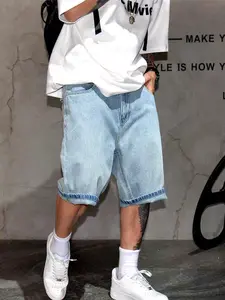 SRETOUU Men's Vintage Light Wash Loose Denim Shorts Men Fit Knee-Length Summer Shorts Street Style Street Style Menswear Breathable