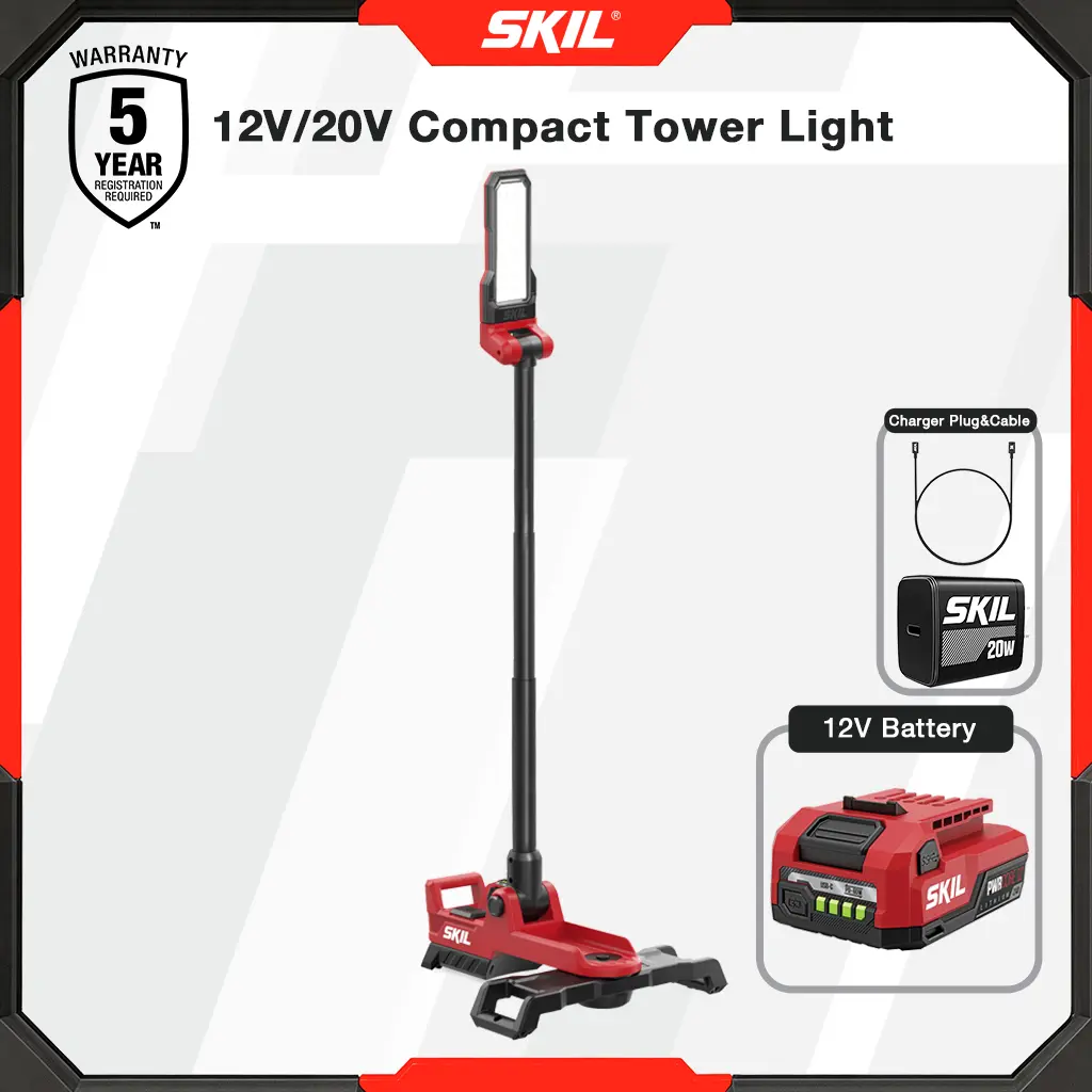 SKIL 12V/20V Compact Tower Cordless LED Work Light Kit Set - Powerful Light, Portable Lighting, Rechargeable Emergency Worklight with 12V 2.0 AH Battery, 20W PD Rapid Charging USB-C Charger, Wall Mount Compatibility, LED Chips, Portable Rechargeable Light