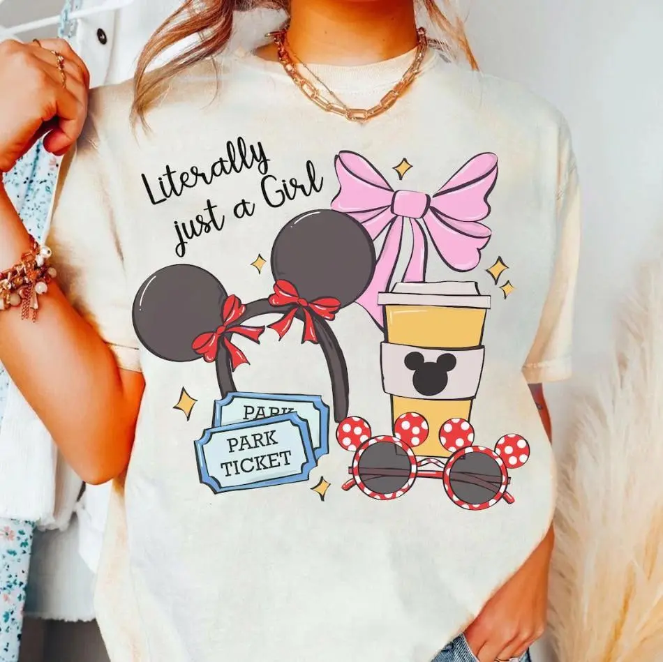 Cartoon Coquette Bow Literally Just A Girl Shirt, Girls Trip Graphic Tee, Micky Minne Ears Park Trip T-Shirt, Unisex Vacation Top
