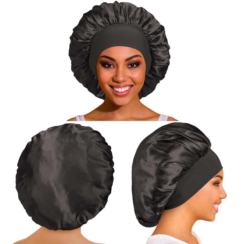 2Pcs Silk Satin Bonnets for Sleeping - Elastic Wide Band Wrap for Black Women Men,Silk Bonnets for Curly Hair,Large Hair Cap for Sleeping school gift Sleeping Bonnet