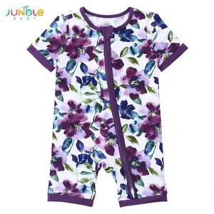 JUNBLEBABY Baby Bamboo Fiber One-Piece Dress Purple Large Flower Pattern Short Sleeve Shorts Cover-Up Double Zipper for Spring Summer