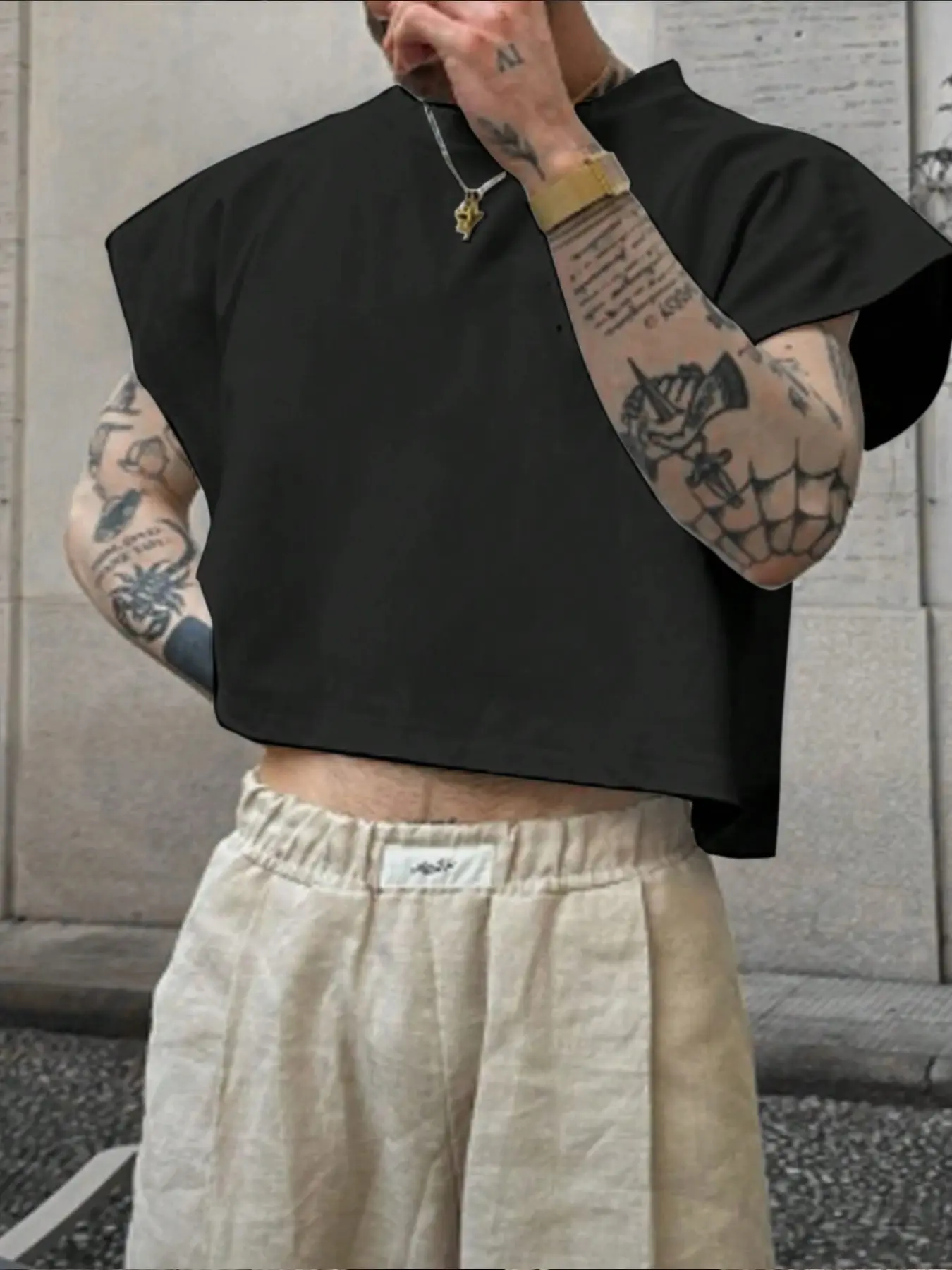 2/1 Pack Men's Cropped T-Shirt, Casual Short Sleeve Crew Neck Crop Top, Y2K Streetwear Loose Fit Round Neck Tee for Gym Workout Daily Summer
