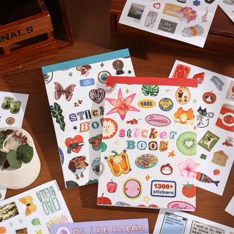 Unisex Pre-Cut Paper Scrapbooking Adhesive Stickers Book - 50 Sheets (14.8 x 21 cm/5.83 x 8.27 in), 1300+ Assorted Aesthetic Art Stickers, Quirky Icons, DIY Planner Accessories, Adult Craft Supplies