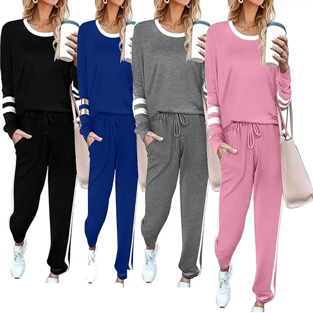Women Two Piece Outfits Sweatsuit Set Sweatshirt and Pants Tracksuit with packet Pullover Crew Neck Lounge Set Pajamas flight travel postpartum spring break outfit casual comfortable lightweight stylish fashion Chic OOTD back to school