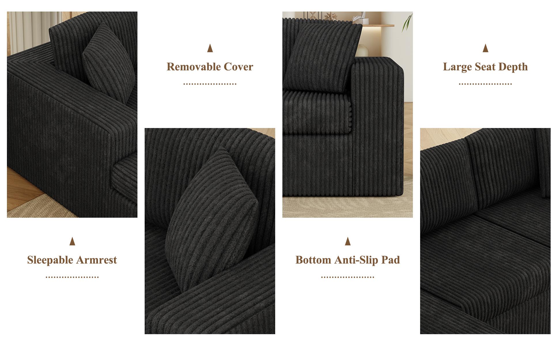 Walsunny 104" Cloud Sectional Couch L-Shape Chaise Modular Sofa in Plush Corduroy Fabric for Living Room & Bedroom No Assembly Required Black Upholstered Couches