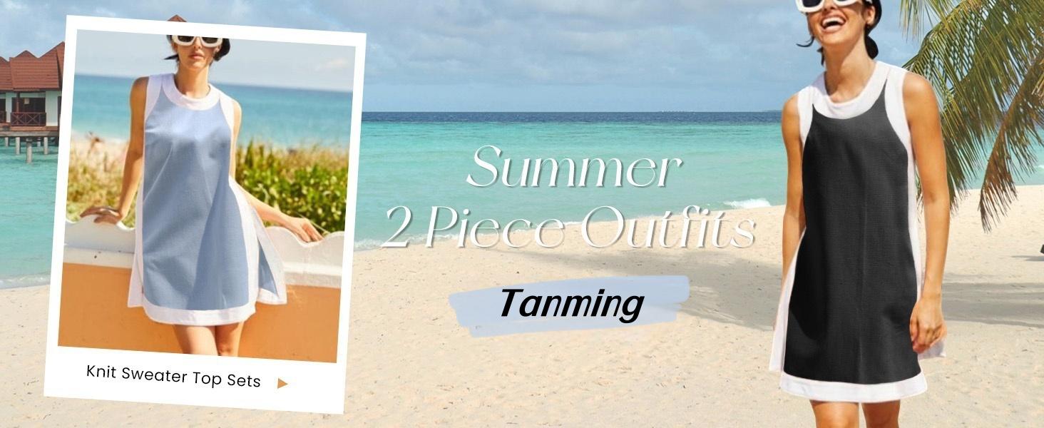 Tanming Women's 2 Piece Sets Casual Color Block Crewneck Short Sleeve Pullover Tops Matching Shorts with Pockets Lightweight Activewear