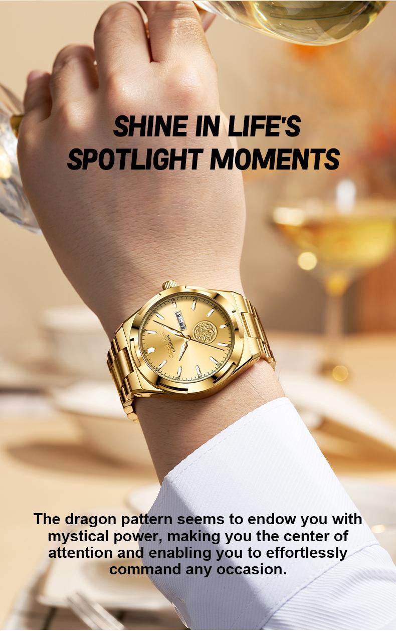 Calonic Kien Men's Luxury Swiss Automatic Gold Watch with Dual Calendar 42mm Stainless Steel Band Luminous Display Water Resistance Buckle