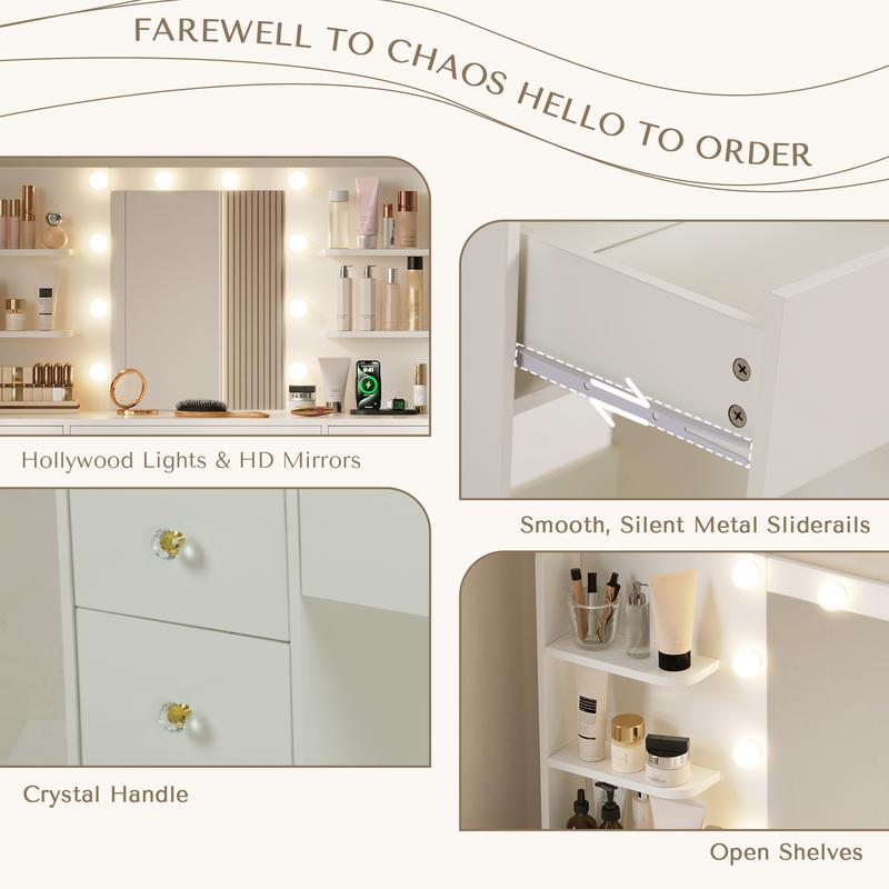 【Valentine's Day Gifts】Makeup Vanity Desk with Mirror&Lights,9 Drawers&6 Storage Shelves,Dressing Table Power Outlet, 3 Color Modes&10 LED Bulbs for Girls Bedroom,Perfect Gift for Her – bedroom essential