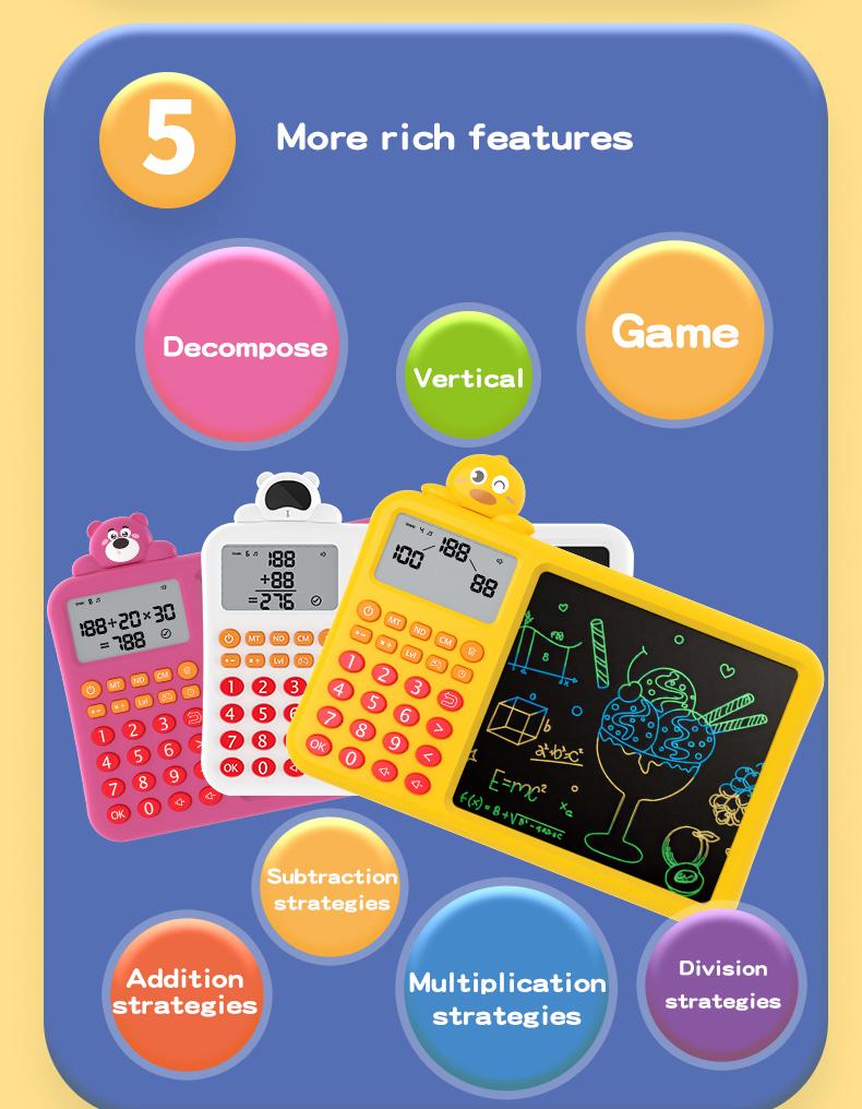 2-in-1 Kids Math Learning Tablet 3-8, Calculator + LCD Writing Board, + − × ÷ Practice, Column Math, Timed Drills