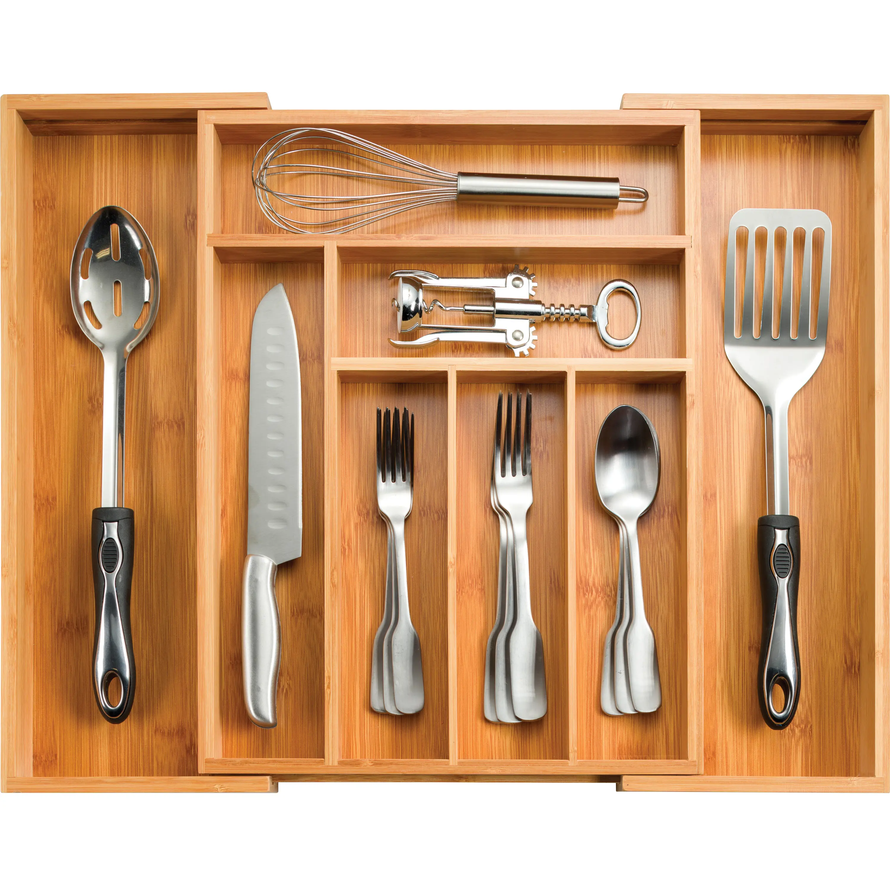 Bamboo Silverware Drawer Organizer for Kitchen Utensils and Knives - Adjustable Expandable Kitchen Utensil Tray - Multi-Functional Storage for Cutlery, Office Supplies, Makeup, Jewelry – Durable, Eco-Friendly, Water-Resistant For Daily Use
