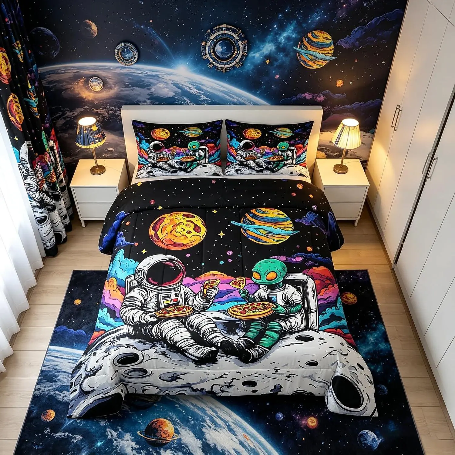 Feelyou Multi-Size Space-Themed Astronaut Alien Comforter Set - Galaxy Fun, Trippy Look, Year-Round Travel-Friendly Bedding, Psychedelic Down Comforter (Set Includes No Sheets)