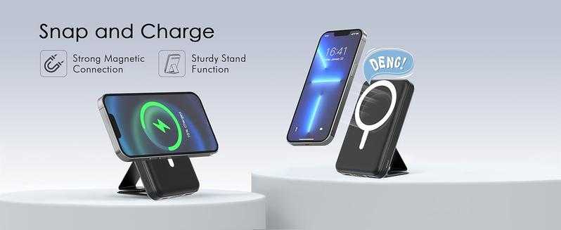 Podoru Wireless Charger with Foldable Stand, 10000mAh for MagSafe Magnetic Portable Battery Pack &USB-C Cable, Compact for iPhone 17/16/15/14/13/12Series