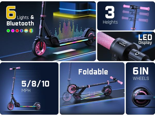 FanttikRide C9 Apex Kids Electric Scooter, Bluetooth Music Speaker, Colorful Light for Kids 8-12, 3.9-5.2 ft, 132 lbs, 5 Miles Range, Up to 40 min Ride Time, 5/8/10 MPH, 3 Adjustable Heights