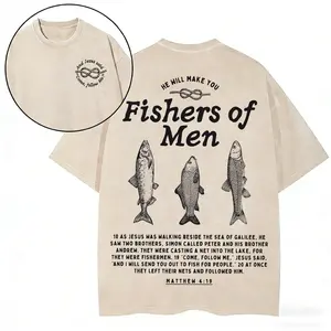 Fishers Of Men Christian Washed T-Shirt - 100% Cotton Unisex Fit Vibrant Design  Streetwear Summer