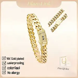BlazeLink 14K Gold-Plated Cuban Bracelet S Logo Diamond Inlay Clasp Waterproof Fade Resistant Non Allergenic 6-14mm 7.5-8.5 Inches Unisex Hip Hop Jewelry for Men Women
