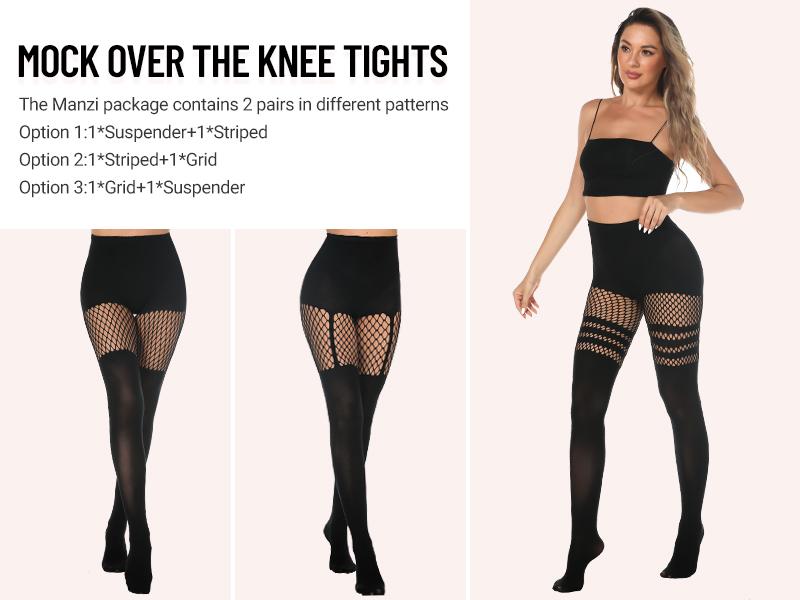 TIVIRA Mock Thigh High Stockings For Women Sexy Fishnet Tights Suspender Pantyhose 3 Pairs Lace Costume Tights Halloween Party Outfit Spooky Festival Hosiery Womenswear Socks
