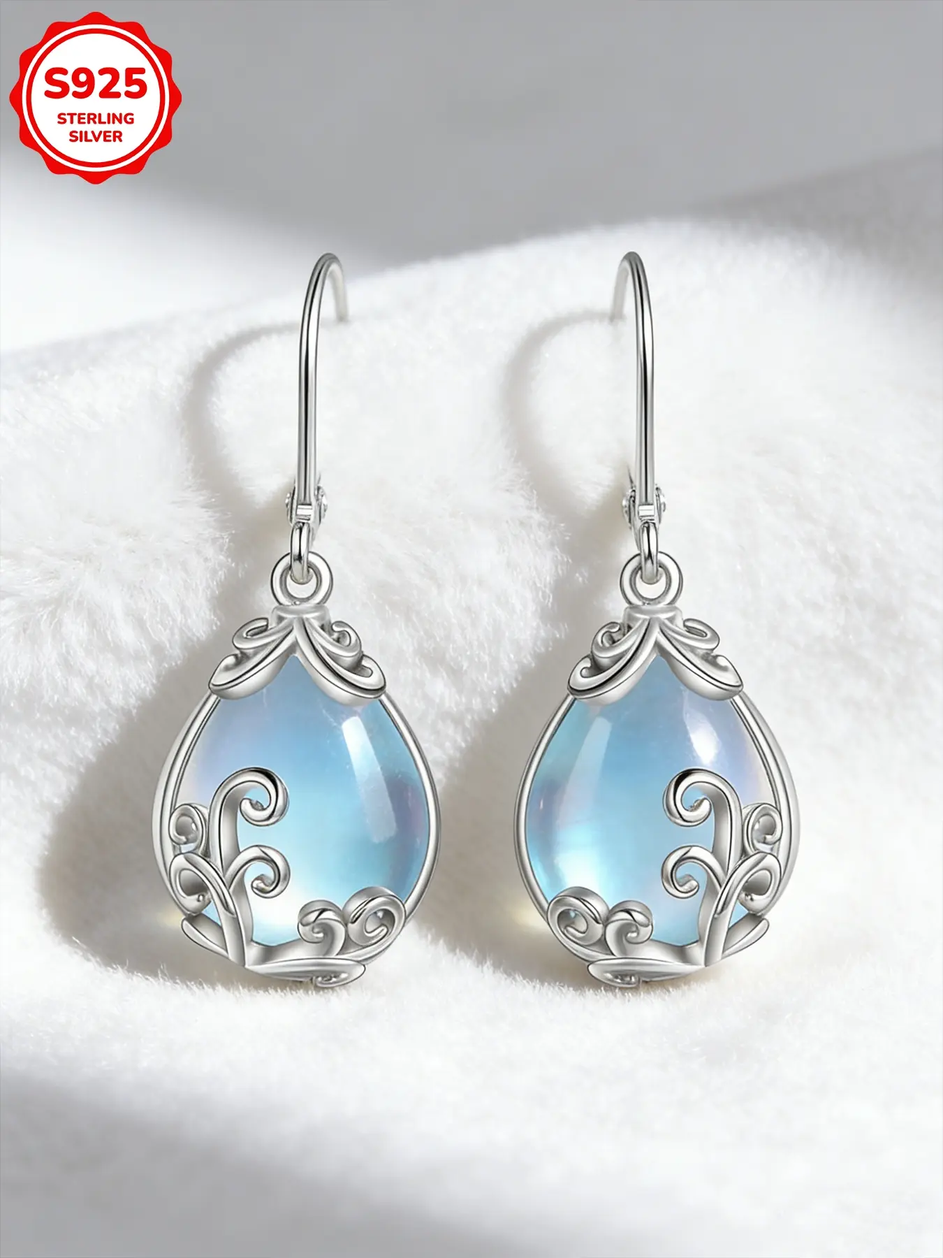 Elegant Sexy 925 Sterling Silver Water Drop Moonstone Dangle Teardrop Earrings for Women, Dangling Earrings, Fashion Jewelry for Daily Wear, Ladies' Ear Accessories, Versatile Earrings, High Quality Earrings, Unique Earrings, Unique Design Earrings