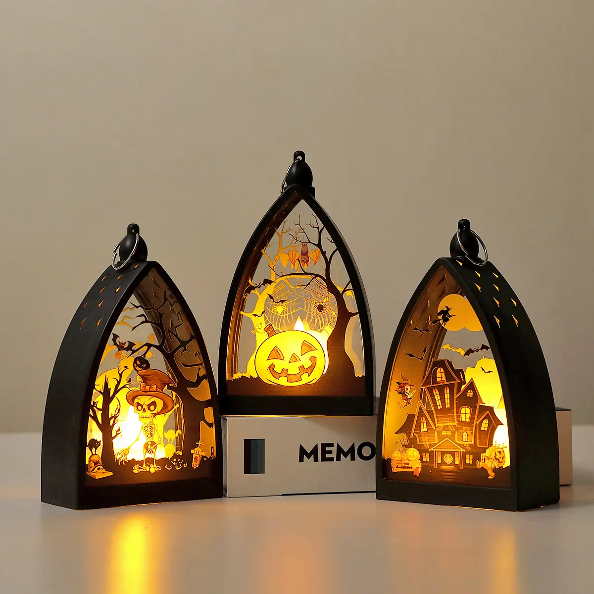 Contemporary Plastic Tabletop Lanterns - Halloween Electronic Wind Lantern Decorations, Family Love Themed Ornaments for Holiday Arrangements & Atmosphere Enhancement Props