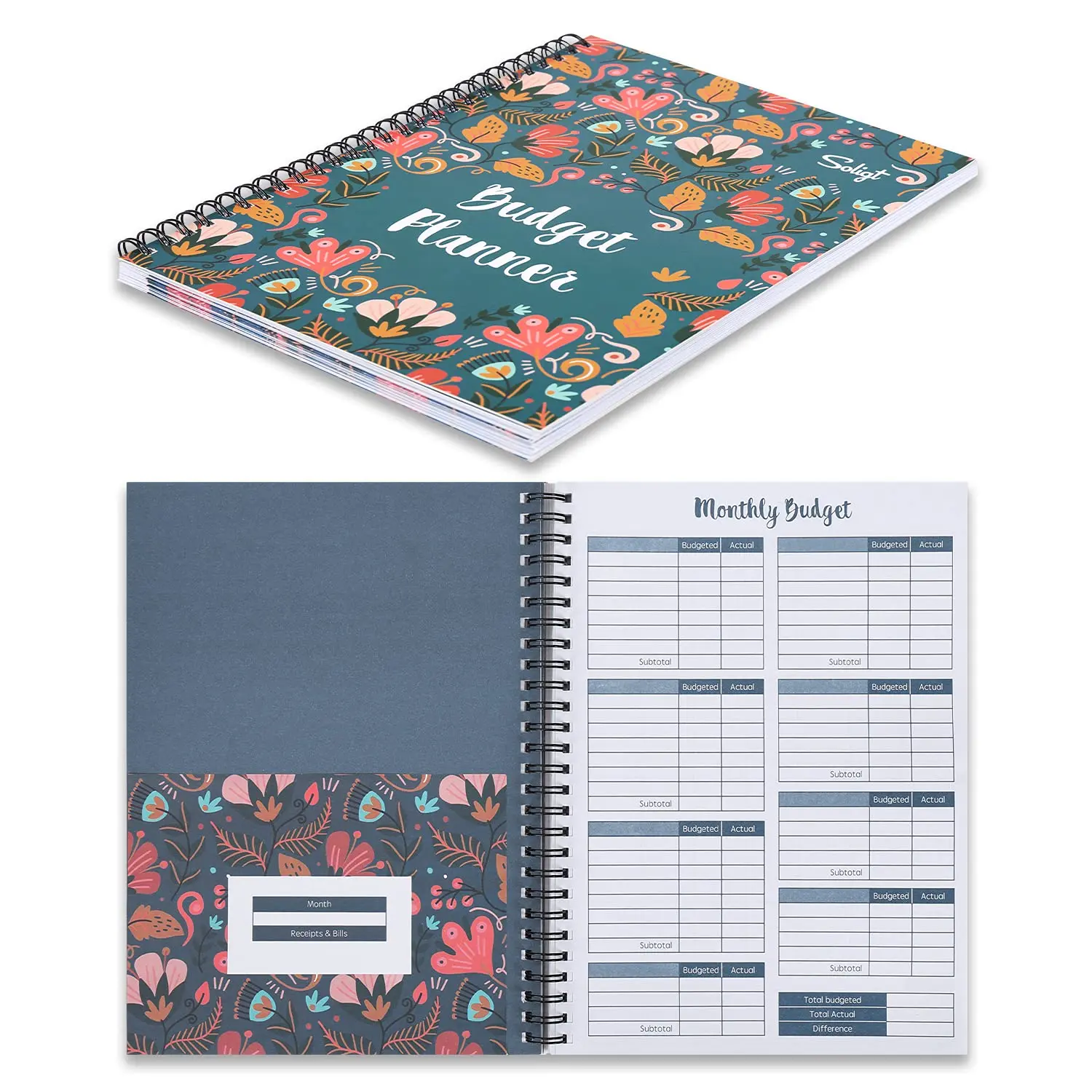 Soligt Monthly Budget Planner Book (Undated) with 12 Pockets for Income, Debt, Saving, Expense and Bill Tracker Organizer, Spiral Design gsm thick Paper Stationery, Efficient Finance Organizer Notebook